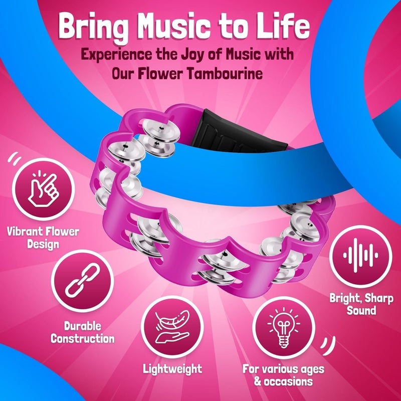 Flexzion Flower Tambourine - 8 Inch Handheld Percussion Instrument w/Metal Jingles & Ergonomic Grip - Small Tambourines for Adults, Kids, Church, Parties, & Musical Events (2 Pack - Blue & Pink) - Image 5